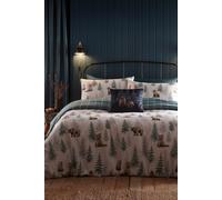 Dreams & Drapes Woodland Bear Duvet Cover Set - Super King Size 260 x 220cm - Brushed 100% Cotton Flannelette - Reversible - Green Check & Trees - 2 Pillowcases - Autumn/Winter Bedding