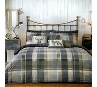 Dreams & Drapes Charcoal Grey Check Deer Duvet Cover 230 x 220 cm 2 Pillowcases 100% Brushed Cotton Soft Reversible Designs Woodland Bedding with Forest Animals
