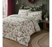 Dreams & Drapes Christmas Holly & Red Berries Duvet Cover Single (140x200cm) - 100% Cotton - Reversible Festive Bedding - 1 Pillowcase - Sprigs & Fern Print - Cosy Winter Quilt Cover Set