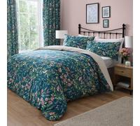 Dreams & Drapes - Teal Green Floral & Bird Duvet Cover - Super King Bedding Size (260 x 220cm) - Reversible (2 Designs) - 3 Pieces - Vintage Floral Bedding in Dark Green - Spring Garden Flower Bed Set