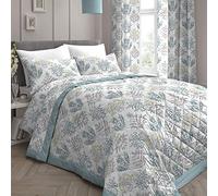 Dreams & Drapes - Duck Egg Floral Fern Bedspread (230cm X 195cm) - Reversible Design - Botanical Leaf Quilted Bedspreads in Duck Egg - Floral Blanket/Bed Cover for Bed - Matching Duvet Cover Available