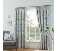 Dreams & Drapes - Duck Egg Floral Curtains W90 x L90" (229 x 229cm) - 2x Panels - 100% Cotton - 2x Tie Backs - White Flowers Pencil Pleat Curtains & Drapes for Bedroom/Living Room - Vintage Curtains