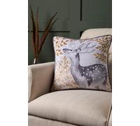 Dreams & Drapes - Grey Deer Velvet Cushion (43 x 43cm) - Filling Included - Piped Edge - Reversible Design - Grey Flannelette Cushion - Woodland Forest Deer Cushion with Cover Included/Cushion Insert