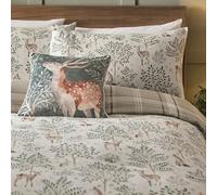 Dreams & Drapes Forest Deer Duvet Cover Set - Super King Bedding Size (260 x 220cm) - 100% Brushed Cotton Flannelette - Reversible Woodland Design - Natural Check - 2 Pillowcases Included