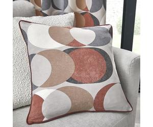 Dreams & Drapes Fusion - Spice Orange Retro Vector Circle Cushion (43 x 43cm) - 100% Cotton - Filling Included - Grey Piped Edge - Circle Geometric Cushion with Insert - Matching Curtains Available