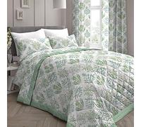 Dreams & Drapes - Green Floral Bed Spread (195 x 230cm) - Green Botanical Flower Bed Cover - Sage Green Quilted/Padded Blanket