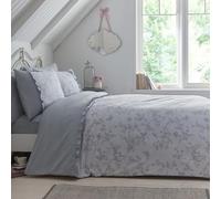 Dreams & Drapes Grey Floral Butterfly Duvet Cover Set - King Size 230x220cm - 2 Pillowcases - Ruffle and Polka Dot Design - Vintage Frilly Bedding - Soft Grey Bed Linen with Flower Print