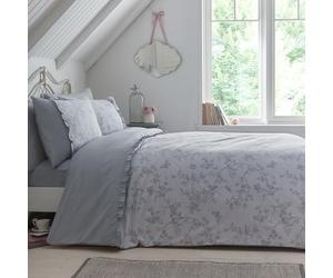Dreams & Drapes Grey Floral Butterfly Duvet Cover Set - King Size 230x220cm - 2 Pillowcases - Ruffle and Polka Dot Design - Vintage Frilly Bedding - Soft Grey Bed Linen with Flower Print
