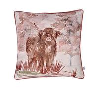 Dreams & Drapes Highland Cow Cushion 43x43cm - Reversible Red Flannelette Pillow with Insert - Piped Edge - Woodland Animal Design, Terracotta