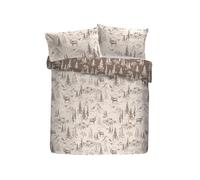 Dreams & Drapes Lodge Alpine Stag Duvet Cover Set, 100% Brushed Cotton, Single 140x200cm, Natural, Hand-Drawn Mountain Lodge Print, Orange