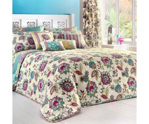Dreams & Drapes Marinelli Hand Drawn Floral Print Teal Quilted Bedspread