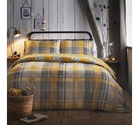 Dreams & Drapes Ochre Checkered Duvet Cover-Single Size (140 x 200cm) -Soft 100% Brushed Cotton-Reversible Design Yellow Flannelette Woodland Bedding with Hedgehogs