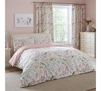 Dreams & Drapes - Pink Floral & Bird Duvet Cover - King Bedding Size (230 x 220cm) - Reversible (2 Designs) - 3 Pieces - Vintage Floral Bedding in Pink - Spring Garden Flower Duvet Cover