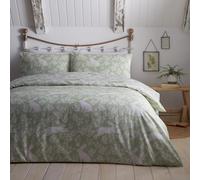 Dreams & Drapes - Sage Green Spring Rabbit Duvet Cover - Single Bedding Size (135 x 200cm) - Reversible Design - Easy Care - 1x Pillowcase - White Bedding with Florals & Bunnies - Rabbit Duvet Cover