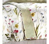 Dreams & Drapes - Spring Garden Flowers Bedspread (230cm x 200cm) - Reversible Design (Green Stripe) - Botanical Floral Quilted Bedspreads - Floral Quilt/Blanket/Bed Cover for Bed