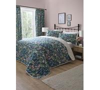 Dreams & Drapes Teal Floral & Bird Bedspread (230cm X 200cm) - Reversible (2 Designs) - Floral Quilt Bedspread with Botanical Prints & Spring Birds, Green