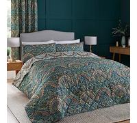 Dreams & Drapes - Teal Jacobean Bedspread (230cm x 200cm) - Soft Touch - Microfibre - Damask Bedspread in Teal - Persian Bohemian Quilted Bedspreads - Exotic Floral Blanket/Bed Cover for Bed