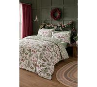 Dreams & Drapes Christmas Holly & Red Berries Duvet Cover Single (140x200cm) - 100% Cotton - Reversible Festive Bedding - 1 Pillowcase - Sprigs & Fern Print - Cosy Winter Quilt Cover Set