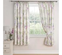 Dreams & Drapes Pencil Pleat Curtains Wisteria Lilac 168x183cm 100% Cotton 2 Panels with Tie-Backs