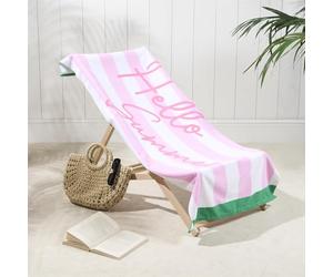 Dreamscene Beach Towel Striped Hello Summer, Soft Quick-Dry Lightweight Microfibre Large Beach Towel For Adult & Kids Swimming Towel For Holiday Essentials, Blush-71x152cm