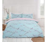 Dreamscene Blossom Bird Reversible Floral Quilt Duvet Cover with Pillowcase Bedding Set, Duck Egg Blush - King