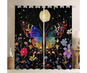 Dreamscene Butterfly Curtains for Windows,3D Print Rainbow Butterfly Curtains for Living Room Bedroom,Decorative Flying Insects 100% Blackout Drapes 2 Panel Sets,66x90L