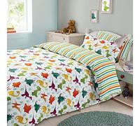 Dreamscene Cot Bed Duvet Cover Set Toddler Bedding, Super Soft Warm Cosy Polycotton Dinosaur Quilt Covers Kids Bedding Reversible Stripe Toddler Duvet Cover with Pillowcase, Multi