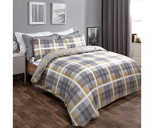 Dreamscene Denim Check Duvet Cover with Pillowcase Reversible Tartan Bedding Set, Ochre Yellow Charcoal - King