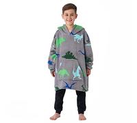 Dreamscene Dinosaur Print Hoodie Blanket Oversized Wearable Kids Childrens Soft Warm Super soft Sherpa Throw, One Size - Grey Green Blue