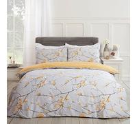 Dreamscene Double Duvet Set Spring Blossom Bedding, Super Soft Cosy Warm Polycotton Double Bedding Reversible Luxury Quilt Cover Set with Pillowcases, Ochre Yellow Mustard Grey
