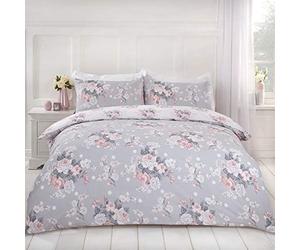Dreamscene English Rose Duvet Cover with Pillow Case Reversible Floral Bedding Set, Grey Blush White - King