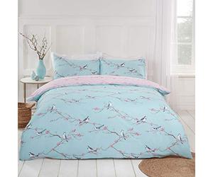 Dreamscene Floral Reversible Duvet Bedding Linen Set, Duck Egg Blush Pink Bird Print, 3pcs, Double