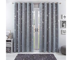Dreamscene Galaxy Star Thermal Blackout Curtains PAIR of Eyelet Ring Top Panels Kids Metallic Moon - Silver Grey, Width 46" x Drop 54"