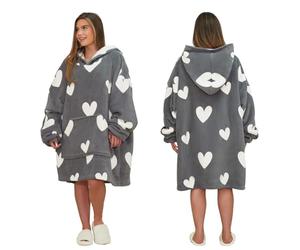 Dreamscene Hearts Hoodie Blanket, Valentine Day Gifts for Her Sherpa Lined Fleece Womens Plush Oversized Giant Pull Over Soft Jumper Wearable Throw
