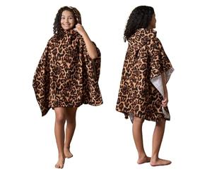 Dreamscene Kids Swim Changing Robe, Soft Absorbent Beach Poncho Towel Leopard Print Hooded Towel For Boys & Girls Quick Dry Lightweight Swimming Towel, Natural