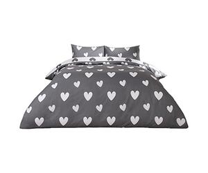 Dreamscene Love Heart Charcoal Grey Printed Reversible Duvet Set with Pillowcase Easy Care Quilt Bedding Set, Charcoal - Double