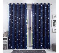 Dreamscene Navy Black Out Curtains Eyelet, Bedroom Curtains Insulated Thermal Blackout Curtains Living Room Galaxy Moon and Star, Navy Blue Curtain 66”x54”