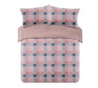 Dreamscene Check Teddy Duvet Cover with Pillowcase Super Soft Fleece Fluffy Winter Tartan Bedding - Blush Pink Grey Single Duvet Cover set