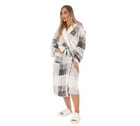 Dreamscene Winter Check Tartan Print Sherpa Flannel Fleece Soft Warm Dressing Gown Hooded Robe, One Size - Silver Grey