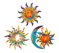 DREAMSKIP 3 Pack Sun and Moon Wall Decor, Hanging Sun Moon & Stars Metal Wall Art, Sun Face Outdoor Wall Decor for Garden Fence Patio Yard Living Room Bedroom Decorations