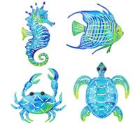 Dreamskip Coastal Decor Metal Wall Art - Ocean Theme Outdoor, Crab Seahorse Sea Turtle Fish Wall Art (Set of 4)