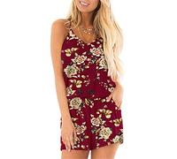 Dreamskull Romper Suits for Women Ladies Playsuit Short Sleeveless Casual with V-Neck Sexy Backless Jumpsuit Floral Print for Summer Beach Holiday (Wine red, XL)