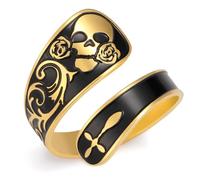 Dreamtimes Retro Skull Rings Vintage Stainless Steel Gothic Skull Punk Rocker Party Biker Statement Halloween Ring Gothic Skull Adjustable Ring Rose Flower Statement Ring for Women (Gold)