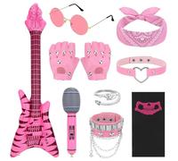 Dreamtop 10Pcs Rockstar Fancy Dress Rockstar Costume Set Rock Star Accessories with Gloves Sunglasses Bandana Face Cover Bracelet Ring Inflatable Guitar Microphone