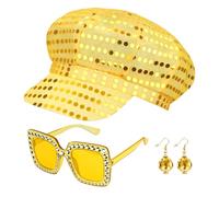Dreamtop 3Pcs Gold Sequin Hat Cap for Abba Accessories Women 70s Disco Accessories with Sequins Hat Sunglasses Fancy Dress Costume Set for Abba Women Theme Party Birthday Dance