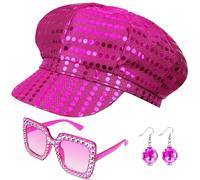 Dreamtop 3Pcs Sequin Abba Pink Hat Costume Set - 70s Disco Party Accessories with Blue Hat Sunglasses Earrings for Women Adults Theme Party Halloween Dance