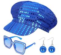 Dreamtop 3Pcs Sequin Blue Hat for Abba Adults 70s Accessories for Abba with Blue Hat Sunglasses Earrings Costume Set for Women Abba Theme Party Birthday Dance