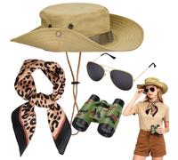 Dreamtop 4 Pcs Safari Costume Accessories Set, Explorer Zoo Keeper Costume with Safari Hat Leopard Print Scarf Binoculars Sunglasses for Women Men Dress Up (Light Khaki)