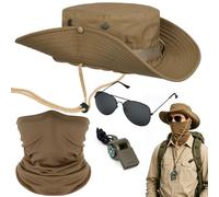Dreamtop 4 Pcs Safari Costume Accessories Set - Explorer Zoo Keeper Costume with Safari Hat Sunglasses Whistle and Face Cover with Compass for Women Men Dress Up (Dark Khaki)