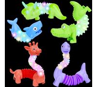Dreamtop 5 Pcs Animal Pop Tubes Toy Light Up Sensory Tubes Glow Animal Stress Relief Toys Fidget Tubes Party Bag Fillers for Christmas Halloween Birthday